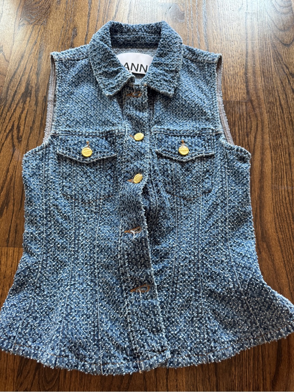 Ganni Blue Tweed Button-Front Sleeveless Top with Gold Buttons - Picture 5 of 6